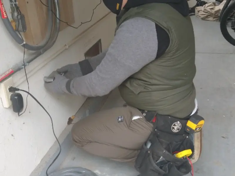 Electrician performing outlet wiring in a Stuart garage